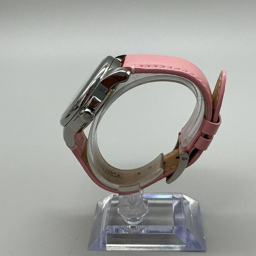 Nautica N12506L Women Watch 40mm White Dial Silver Tone Pink Leather New Battery